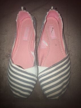 Mad Love Gray & White Striped Slip-On Flats with Pink Lining